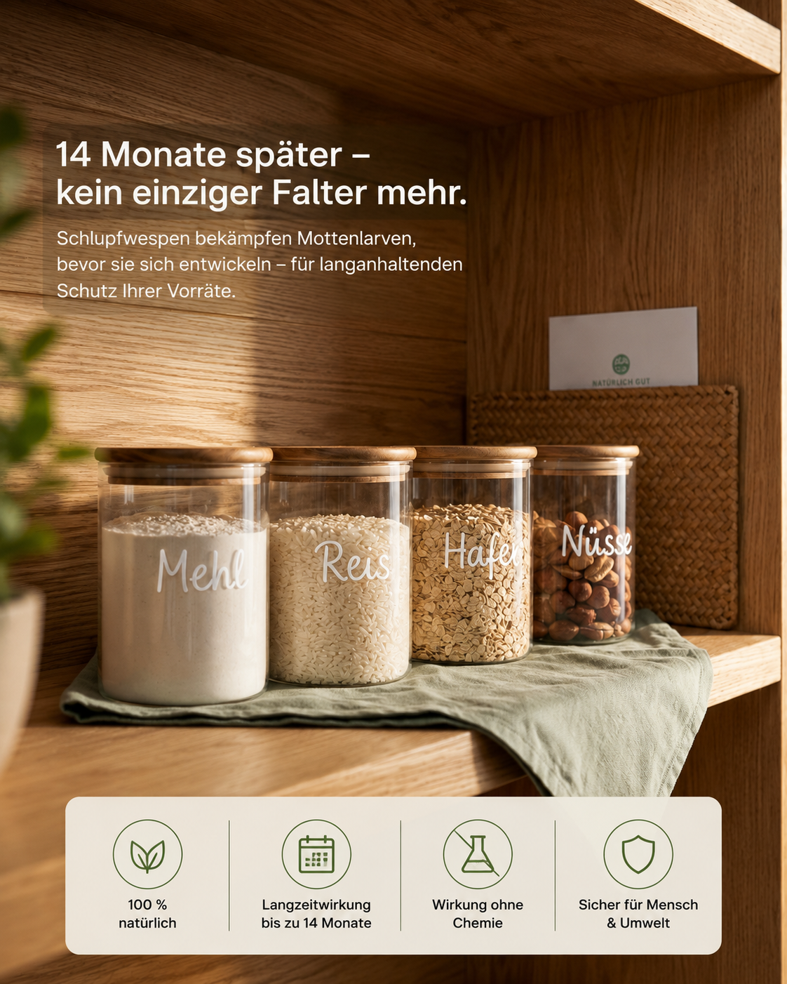 Vier beschriftete Vorratsgläser mit Mehl, Reis, Hafer und Nüssen auf einem Holzregal.