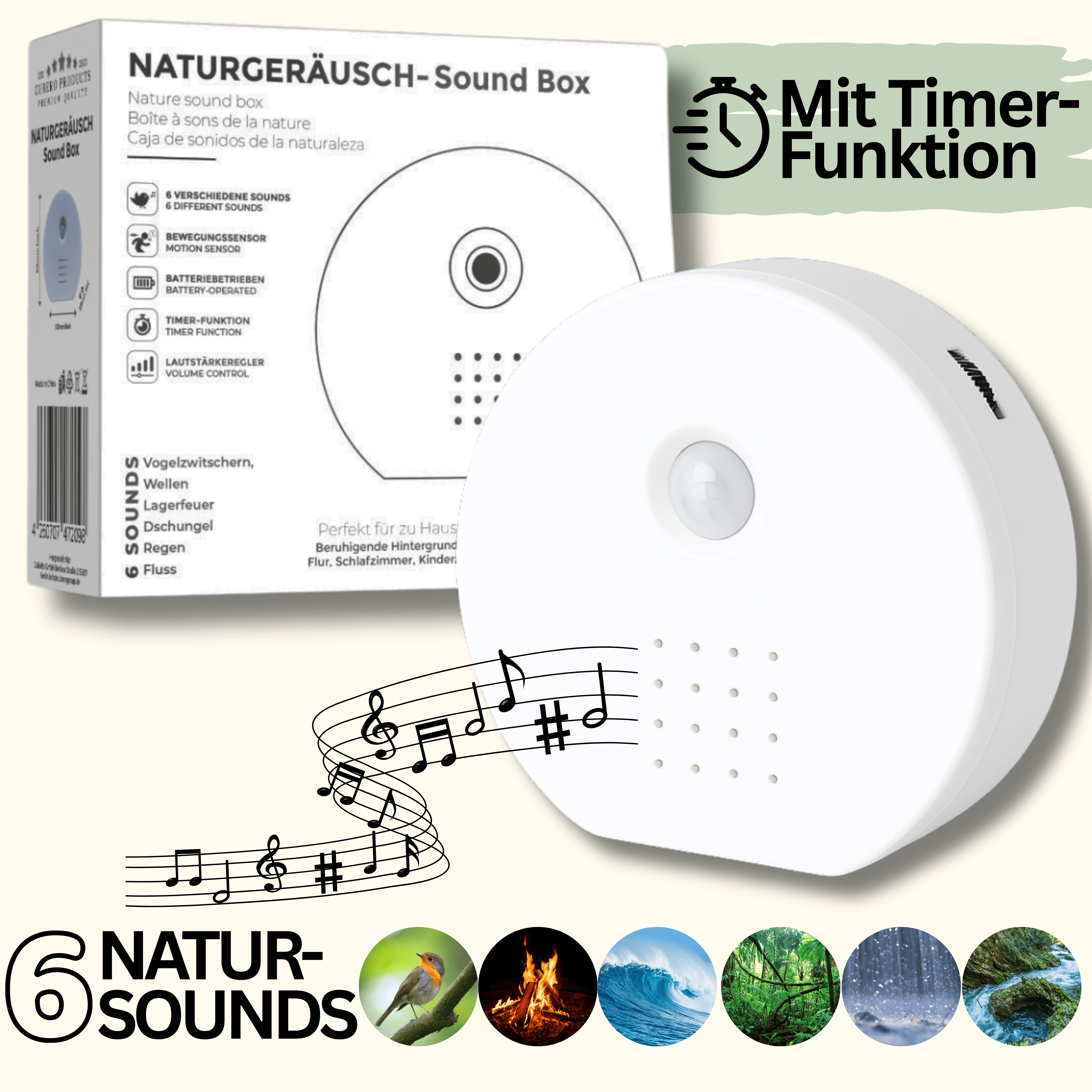 Naturgeräusche - Soundbox mit Bewegungssensor – 6 beruhigende Sounds, Timer & Lautstärkeregler, mit Vogelgezwitscher - Green Guardia - Ihr Experte für Schädlinge und Pflanzen