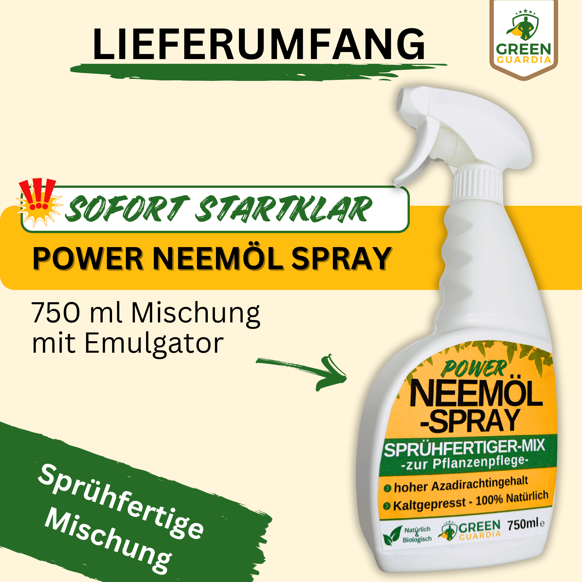 Neemöl Spray 750ml, - Sprühfertig - mit Emulgator zur Pflanzenpflege und Schutz - Green Guardia - Ihr Experte für Schädlinge und Pflanzen